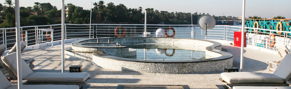 Sun deck with circular pool aboard M/S City & Sea Adonis, Nile River view