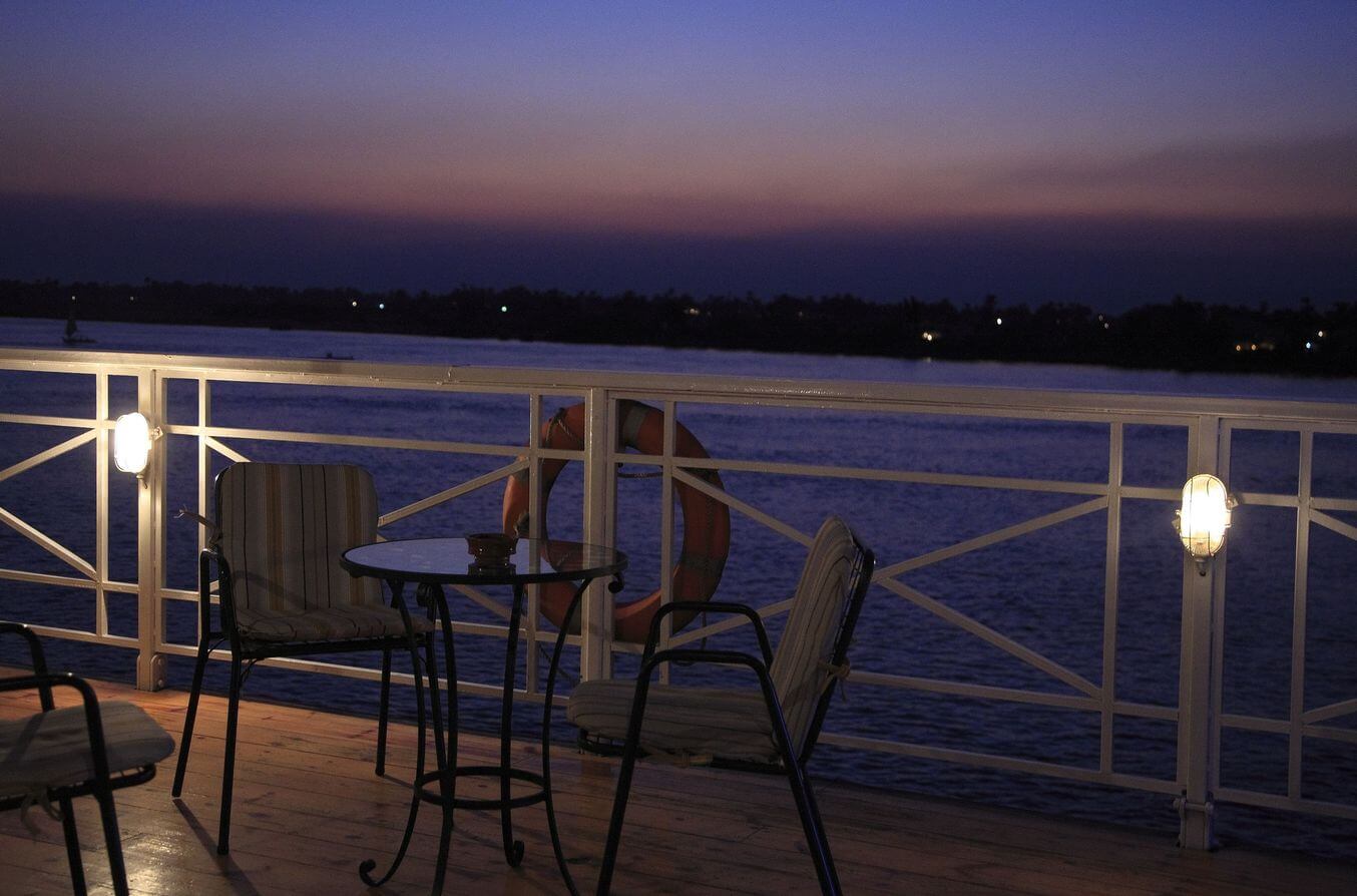 Evening view of the Nile River from a deck at Jaz Pyramids Resort.